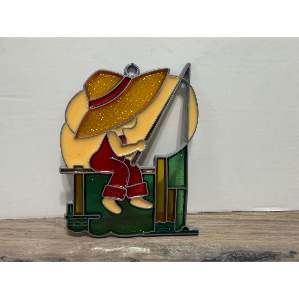 Vintage Stained Glass Suncatcher Boy Fishing Straw Hat Glitter Window Decor
